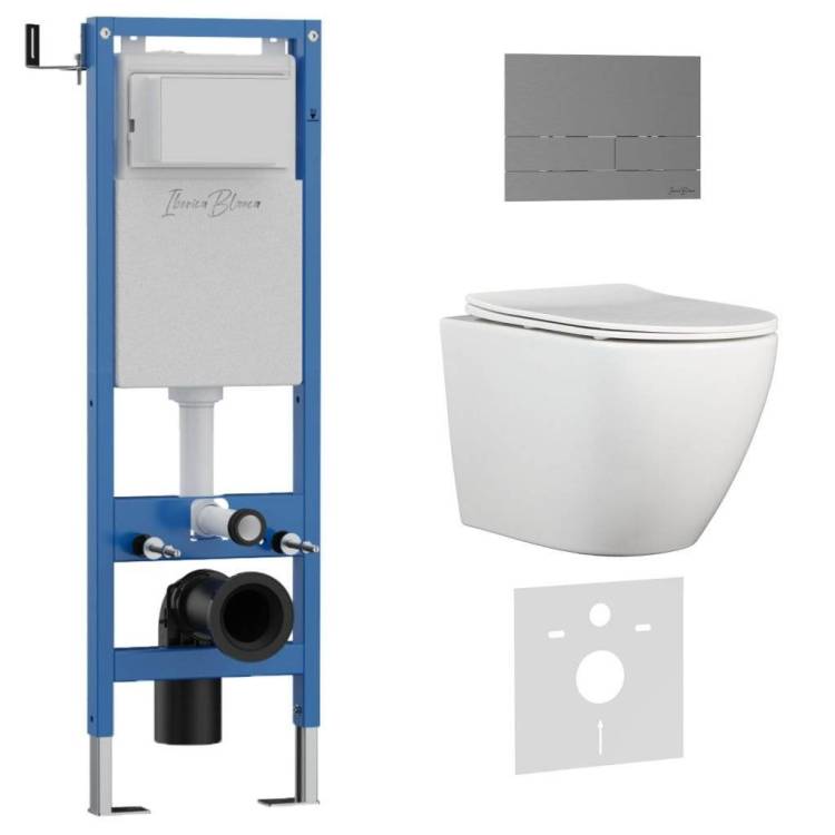 Унитаз с инсталляцией Iberica Blanca Bilbao Alto IB.001M.BLA.234.1602 безободковый, с крышкой-сиденьем микролифт, с кнопкой вороненая сталь