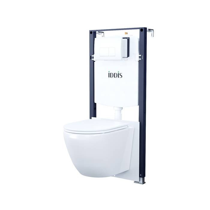 Унитаз с инсталляцией Iddis Basic BASB030i73 безободковый, с крышкой-сиденьем микролифт, с кнопкой, белый глянцевый, кнопка белая