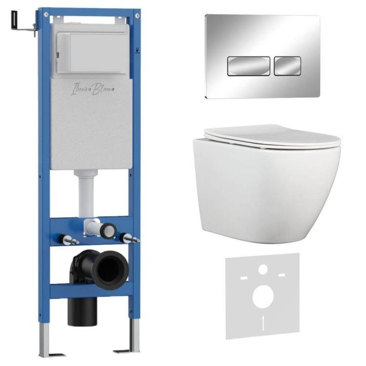 Комплект Iberica Blanca Bilbao Alto IB.001M.BLA.231.213 унитаз безободковый, белый, сиденье микролифт, клавиша смыва хром глянцевый