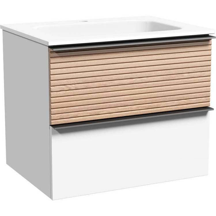 Тумба под раковину Sancos Delta DL60W 590х445х500, c двумя ящиками Soft close, ручки чёрные, дуб светлый/белый