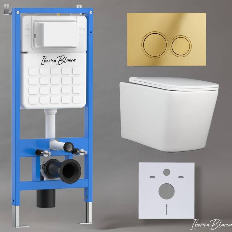 Унитаз с инсталляцией Iberica Blanca Toledo Alto IB001.TLA.234.826 безободковый, с крышкой-сиденьем микролифт, с кнопкой глянцевое золото