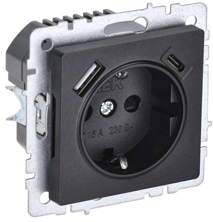 Розетка 1-местная с заземлением, шторками и USB Type A+С IEK Brite BR-R14-16-U22-018-K02 черный