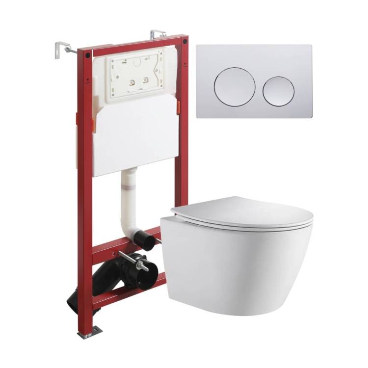 Унитаз с инсталляцией Orange CI07-150W+APB100 безободковый, с крышкой-сиденьем микролифт, с кнопкой, кнопка хром