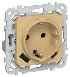 Розетка 1-местная с заземлением, шторками и USB Type A+С IEK Flite FI-R14-16-1-U22-020-K89 шамуа