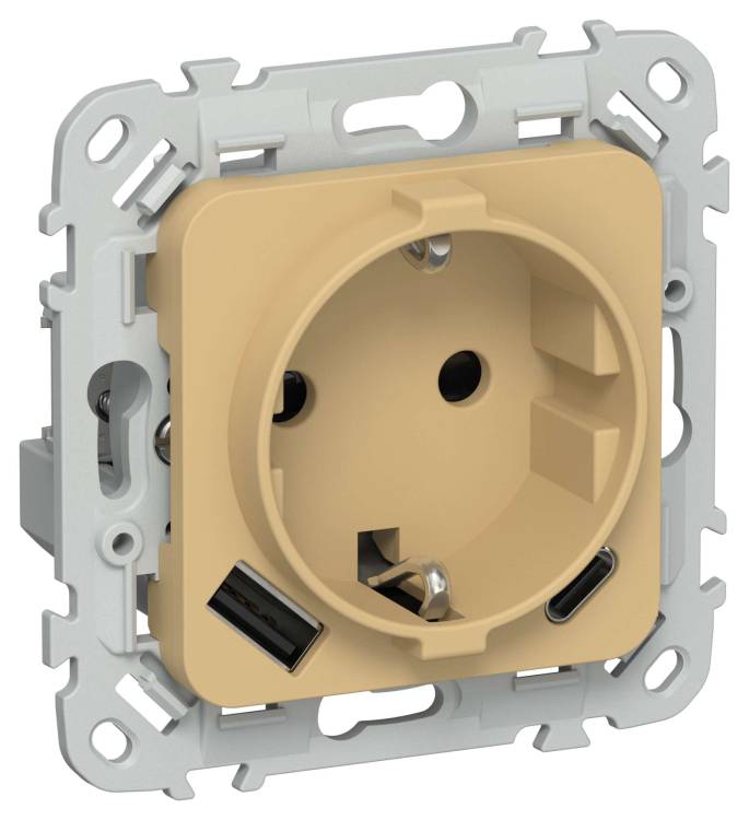 Розетка 1-местная с заземлением, шторками и USB Type A+С IEK Flite FI-R14-16-1-U22-020-K89 шамуа