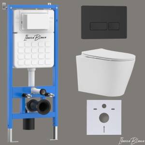 Унитаз с инсталляцией Iberica Blanca Burgos Alto IB001.BRA.231.212 безободковый, с крышкой-сиденьем микролифт, с черной матовой кнопкой