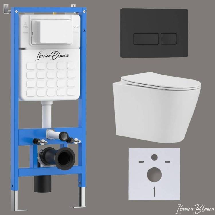 Комплект Iberica Blanca Burgos Alto IB001.BRA.231.212 унитаз безободковый, белый, сиденье микролифт, клавиша смыва черный матовый