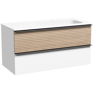Тумба под раковину Sancos Delta DL100RW 995х445х500, c двумя ящиками Soft close, ручки чёрные, правая, дуб светлый/белый