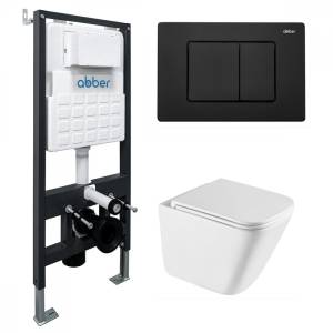 Унитаз с инсталляцией Abber Rechteck AC1219TC-AC0105-AC0120MB безободковый, сиденье микролифт, кнопка черная матовая