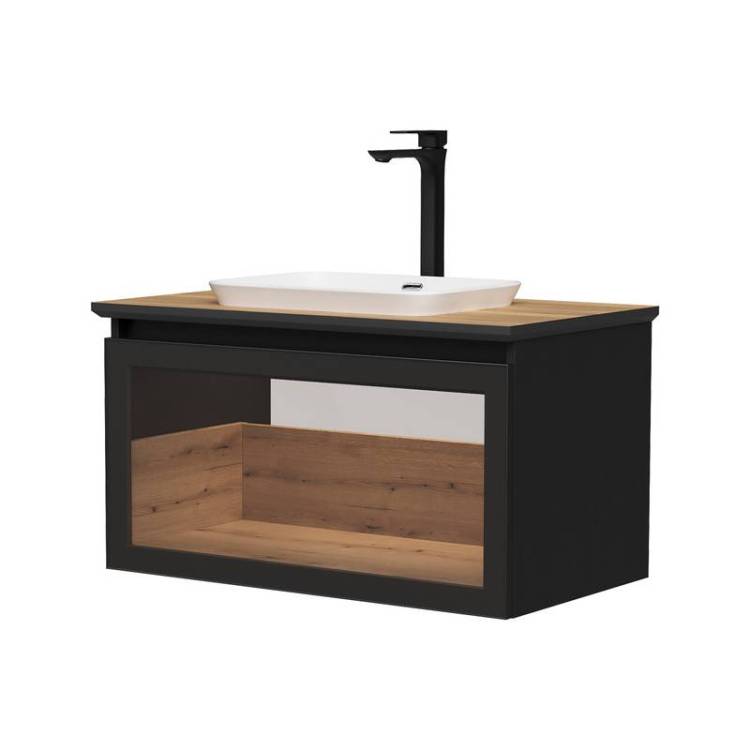 Тумба с раковиной Equil Strong 80 подвесная, с подсветкой, дуб черный, дуб эвок