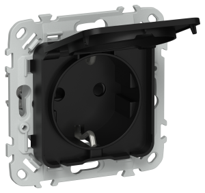 Розетка 1-местная с заземлением, шторками и крышкой IEK Flite FI-R16-16-1-44-K02 черный