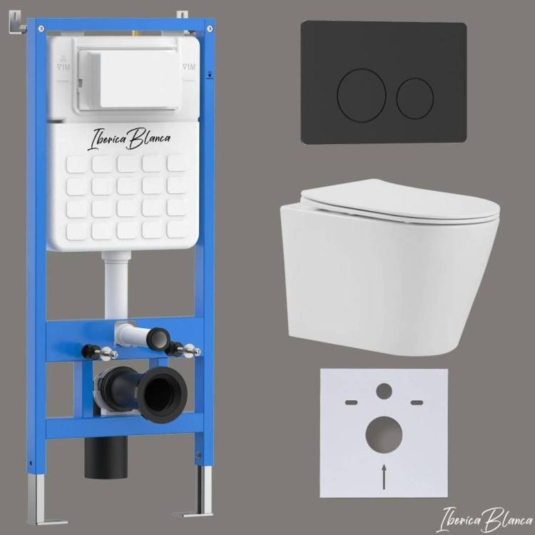 Унитаз с инсталляцией Iberica Blanca Burgos Alto IB001.BRA.231.812 безободковый, с крышкой-сиденьем микролифт, с черной матовой кнопкой