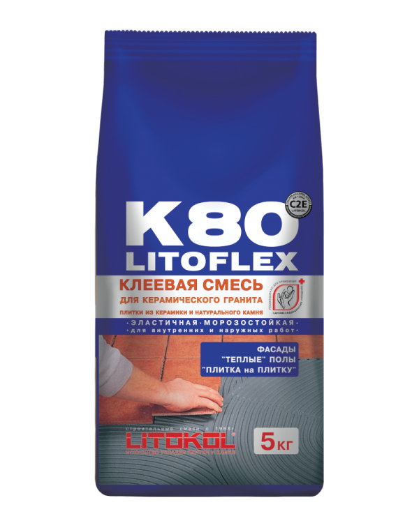 Клей Litokol Litoflex K80 для керамической плитки, керамогранита и камня до 120х90 серый 5 кг