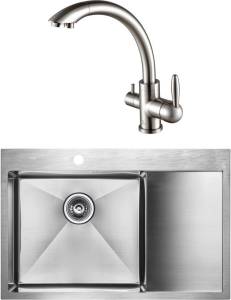 Комплект Paulmark Atlan PM217851-BSL L, брашированная нерж. сталь + Смеситель Paulmark Essen Es213001-NI для кухонной мойки, никель