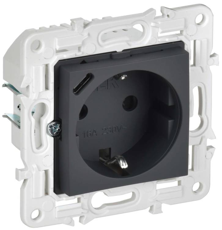 Розетка 1-местная с заземлением, шторками и USB Type С IEK Skandy SK-R14-16-U14-018-K53 графит