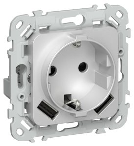 Розетка 1-местная с заземлением, шторками и USB Type A+A IEK Flite FI-R14-16-1-U21-D31-K47 алюминий