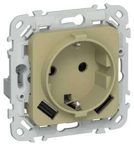 Розетка 1-местная с заземлением, шторками и USB Type A+A IEK Flite FI-R14-16-1-U21-D31-K26 оливковый