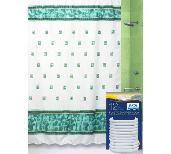 Штора для ванной Bath Plus Rome ak2115/1-P с кольцами, 180x180, белый, зеленый