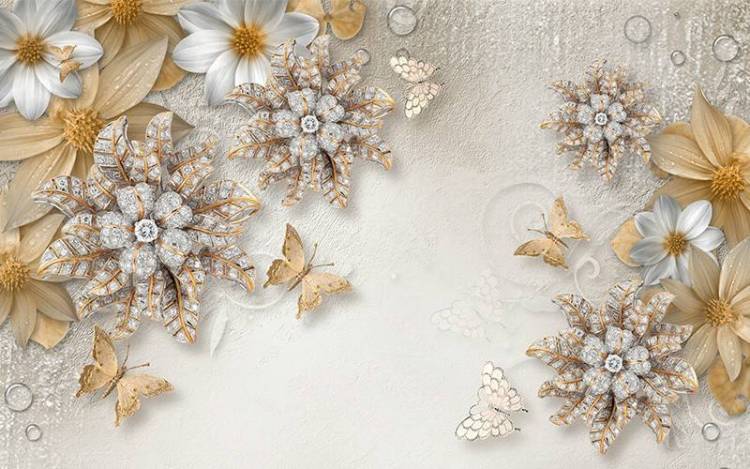 3D Фотообои Artegrafico «Объемные цветы со стразами и бабочками» RH-001 канвас