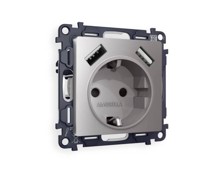 Комплект механизма электрической розетки 2USB A+A 18W (быстрая зарядка) с заземлением Ambrella Volt Alfa MA509010