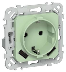 Розетка 1-местная с заземлением, шторками и USB Type A+A IEK Flite FI-R14-16-U21-D31-K93 фисташковый