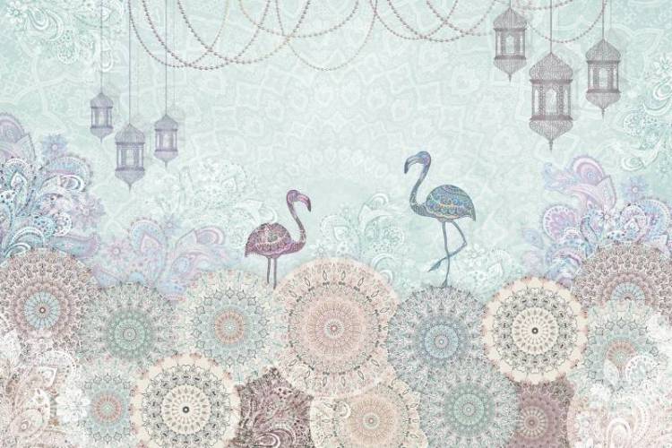 3D Фотообои Artegrafico «Фламинго с восточными мотивами в голубых тонах» VS-006-3 акварель
