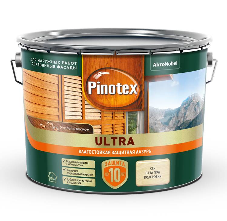 Пропитка декоративная для защиты древесины Pinotex Ultra AWB полуглянцевая база CLR 9 л