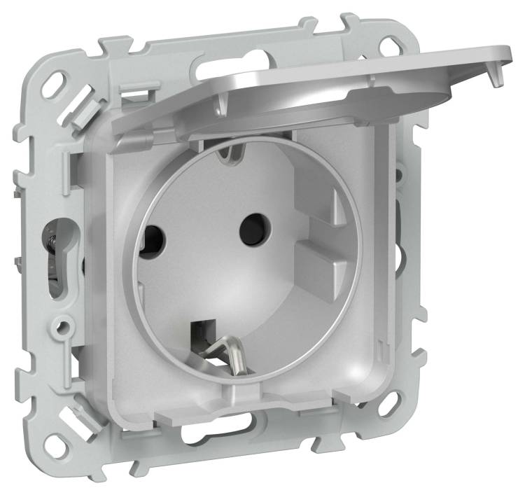 Розетка 1-местная с заземлением, шторками и крышкой IEK Flite FI-R16-16-44-K47 алюминий