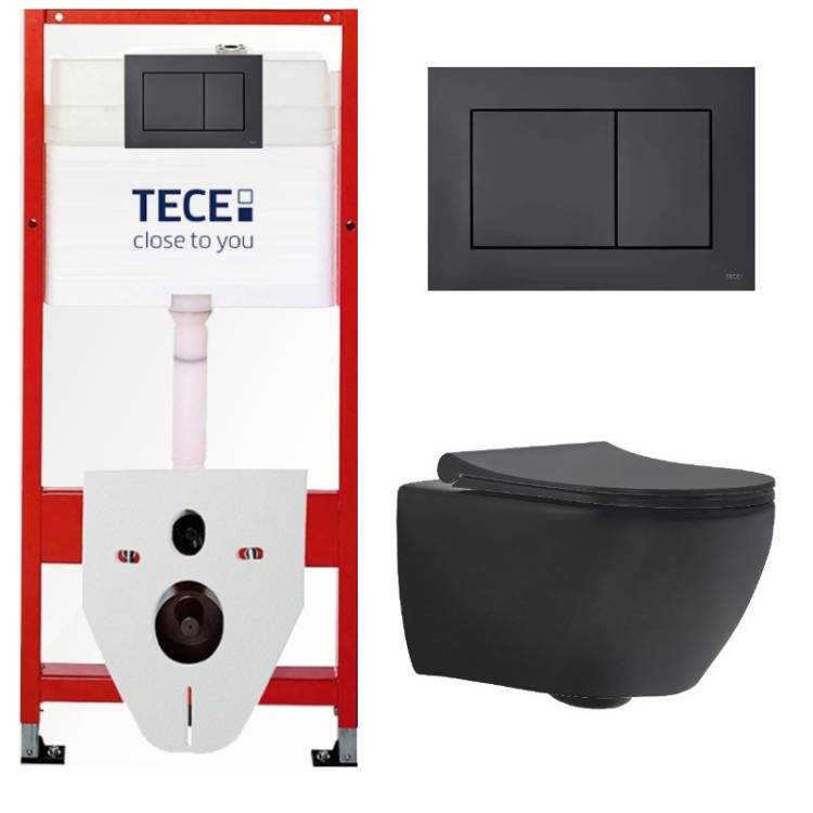 Комплект Tece TC414303670 Инсталляция для унитаза Tece + Унитаз подвесной beWash Bogen безободковый, с функцией биде и сиденьем микролифт, черный матовый