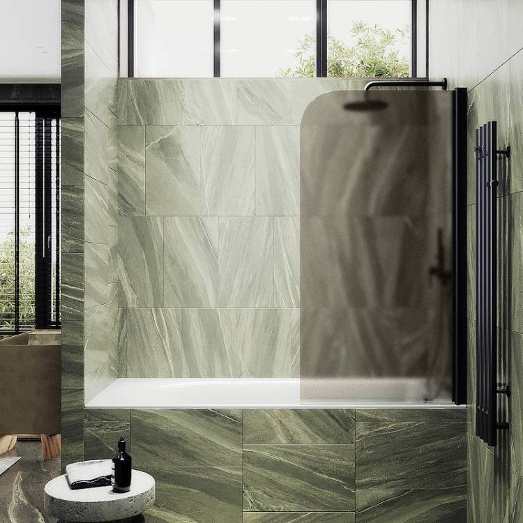 Шторка на ванну MaybahGlass MGV-612-6 поворотная, на монопетле, стекло бронза матовая, профиль черный, 1400x600