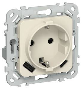Розетка 1-местная с заземлением, шторками и USB Type A+С IEK Flite FI-R14-16-1-U22-020-K86 сливочный