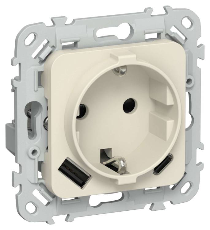 Розетка 1-местная с заземлением, шторками и USB Type A+С IEK Flite FI-R14-16-1-U22-020-K86 сливочный