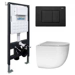 Унитаз с инсталляцией Abber Bequem AC1132TC-AC0105-AC0120MB безободковый, сиденье микролифт, кнопка черная матовая