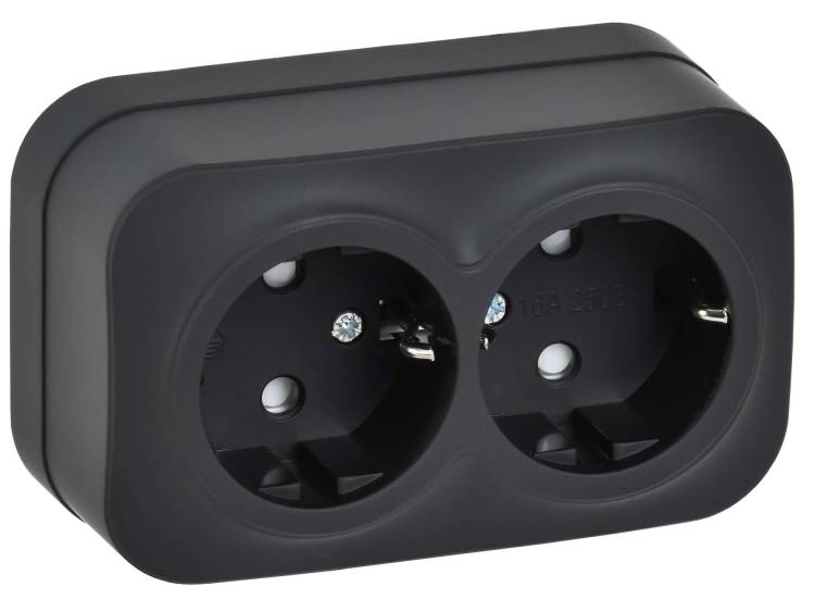 Розетка 2-местная с заземлением и шторками IEK Glory ERH24-K02M-16 черный матовый