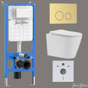 Унитаз с инсталляцией Iberica Blanca Burgos Alto IB001.BRA.234.815 безободковый, с крышкой-сиденьем микролифт, с кнопкой матовое золото