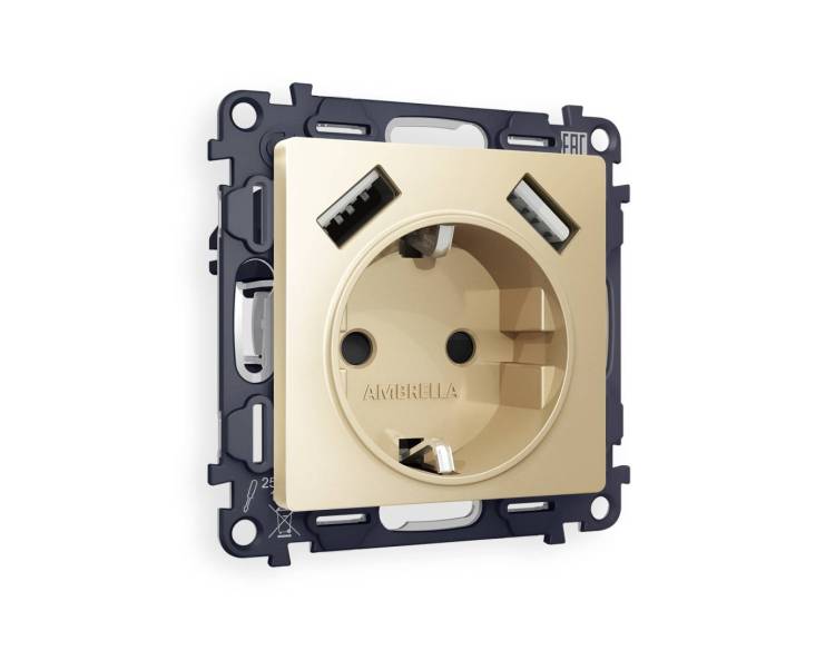 Комплект механизма электрической розетки 2USB A+A 18W (быстрая зарядка) с заземлением Ambrella Volt Alfa MA609010