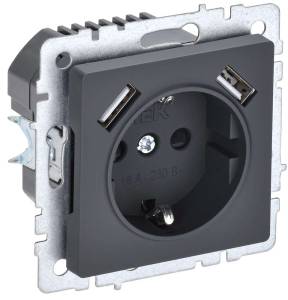 Розетка 1-местная с заземлением, шторками и USB Type A+A IEK Brite BR-R14-16-U21-D21-K53 графит