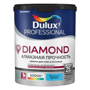 DULUX DIAMOND АЛМАЗНАЯ ПРОЧНОСТЬ краска для стен и потолков, износостойкая, мат., база BW (4,5л)