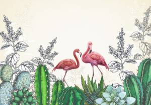 3D Фотообои Artegrafico «Фламинго в кактусах» PD-029 песок