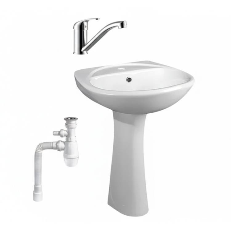 Комплект Раковина Santeri Соната 50 + Пьедестал Santeri Соната + Смеситель Rossinka Y Y35-22 + Сифон Wirquin Минор с отводом для стиральной машины