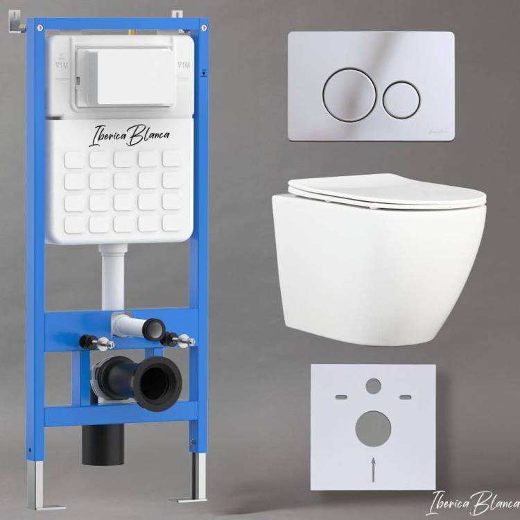 Комплект Iberica Blanca Bilbao Alto IB001.BLA.231.8131 унитаз безободковый, белый, сиденье микролифт, клавиша смыва хром глянцевый