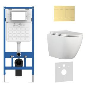 Унитаз с инсталляцией Iberica Blanca Bilbao Alto IB001.BLA.231.1503 безободковый, с крышкой-сиденьем микролифт, с кнопкой матовое золото