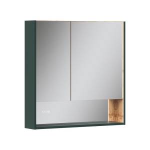 Зеркало-шкаф Equil Gleam szGLEAM.LED.80.2D-34 с подсветкой, розеткой и часами, зеленый камень, дуб вотан, 80x80