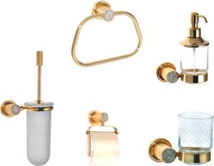 Набор Boheme Royal Cristal Ершик Gold + Дозатор Gold + Стакан Gold + Держатель туалетной бумаги Cold с крышкой + Полотенцедержатель Gold