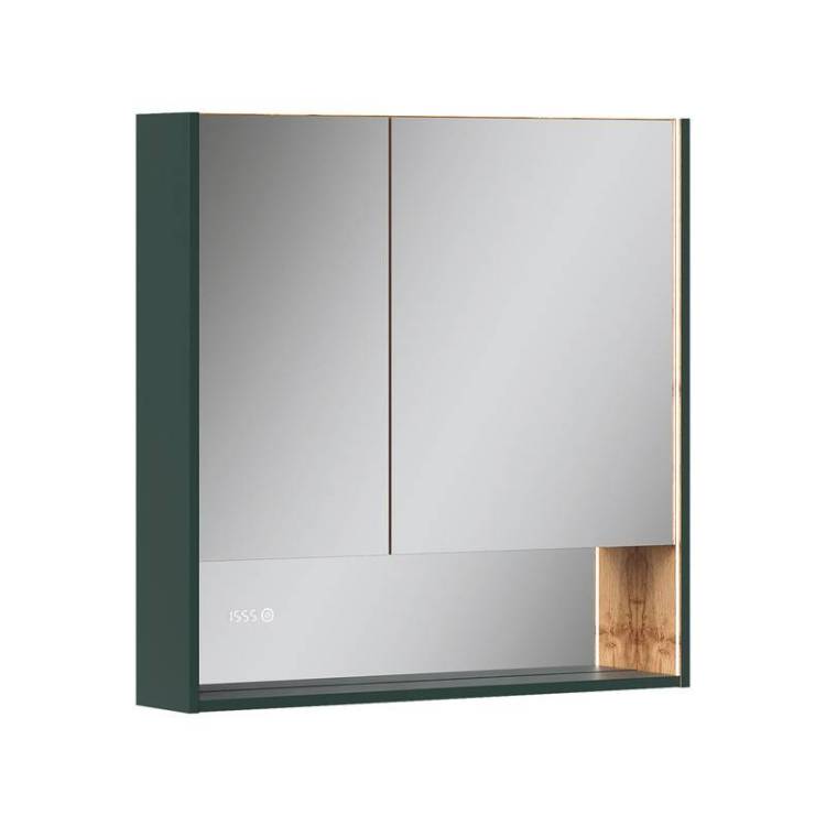 Зеркало-шкаф Equil Gleam szGLEAM.LED.80.2D-34 с подсветкой, розеткой и часами, зеленый камень, дуб вотан, 80x80