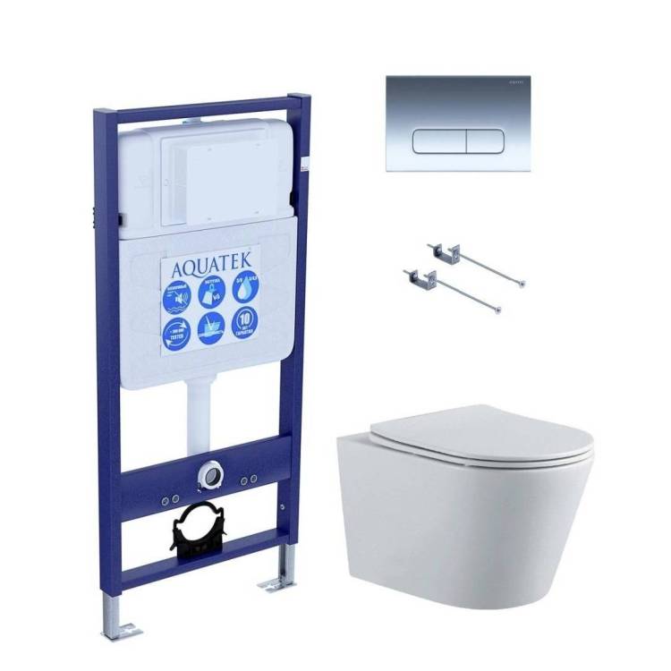 Унитаз с инсталляцией Aquatek Вега-1905-016 KK-1 безободковый, с крышкой-сиденьем микролифт, с кнопкой хром