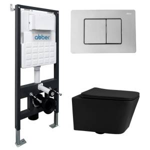Комплект Abber Rechteck AC1201MB-AC0105-AC0120 унитаз подвесной, безободковый, сиденье микролифт, черный матовый, кнопка хром
