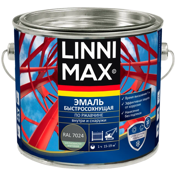 Грунт-эмаль по ржавчине Linnimax шелковисто-матовая серый графит RAL 7024 1.6 л