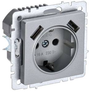 Розетка 1-местная с заземлением, шторками и USB Type A+A IEK Brite BR-R14-16-U21-D21-K47 алюминий