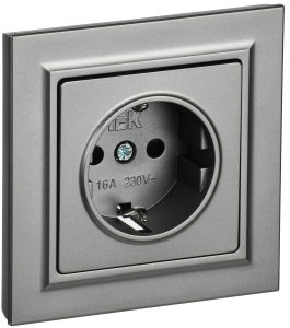 Розетка 1-местная с заземлением и шторками IEK Brite BR-R14-16-K46-F сталь